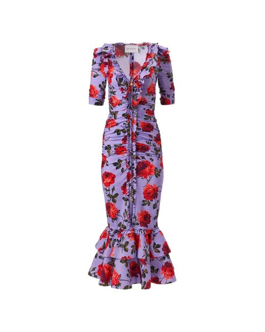 Carolina Herrera Red Rose-Print Ruched Midi Dress