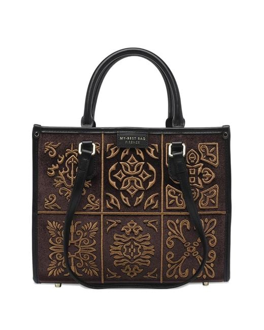 MY BEST BAG Brown Embroidered Panelled Tote Bag