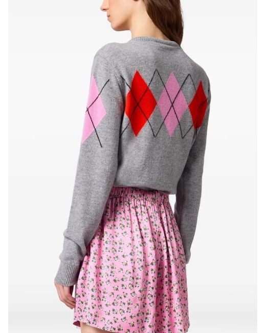 MSGM Gray Argyle-Pattern Button-Up Cardigan