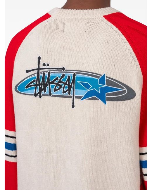 Stussy Red Logo-Print Raglan-Sleeve Sweater