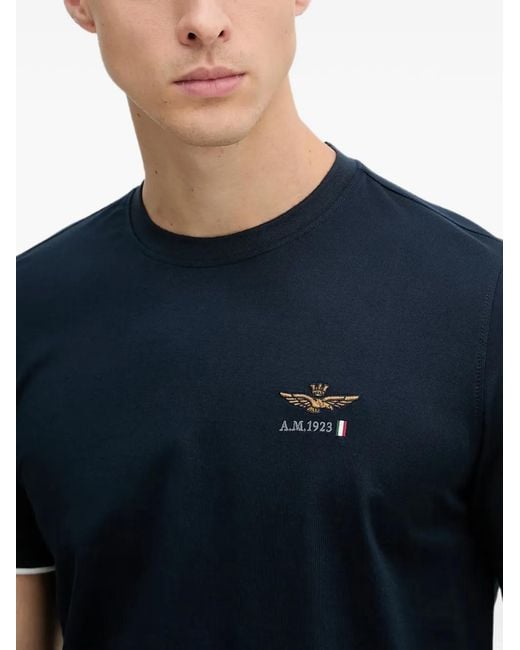 Aeronautica Militare Blue Logo-Embroidered Contrast-Trim T-Shirt for men
