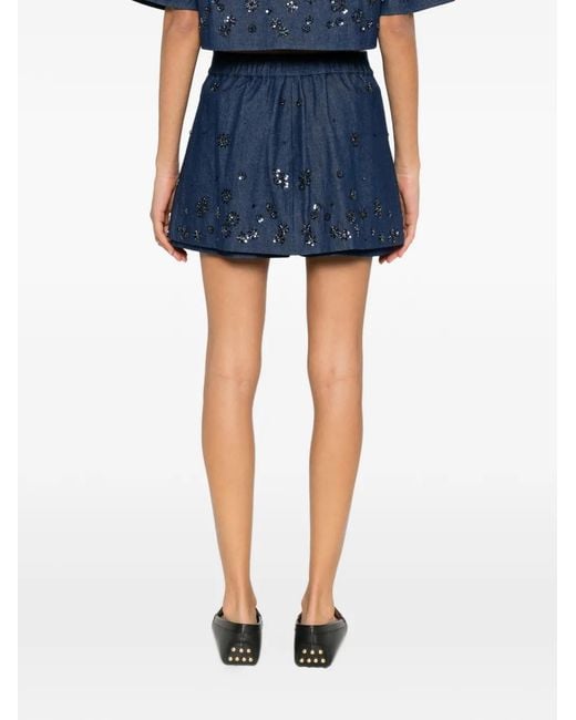 Maje Blue Layered Effect Embroidered Denim Skort