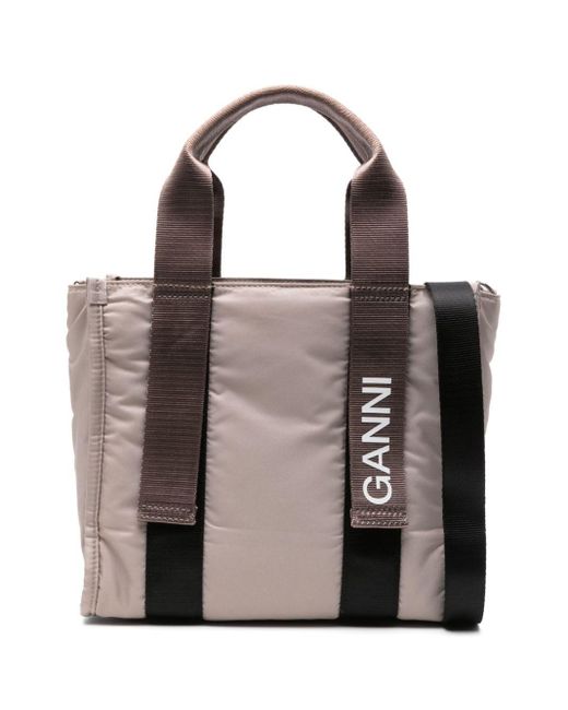 Ganni Brown Logo-print Taffeta Tote Bag