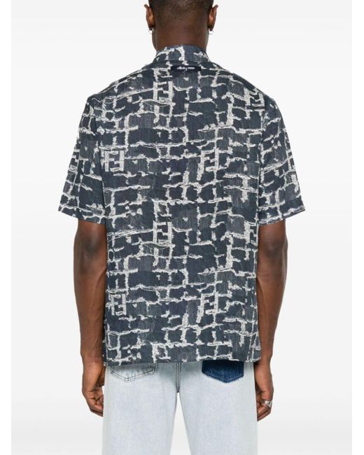 Fendi Blue `Ff Frayed Print` Short Sleeve Shirt for men