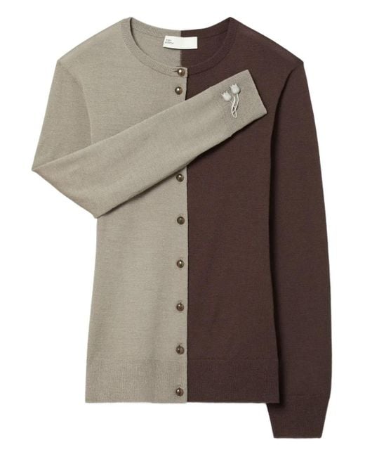 Tory Burch Brown Colourblock Brooch Wool Cardigan