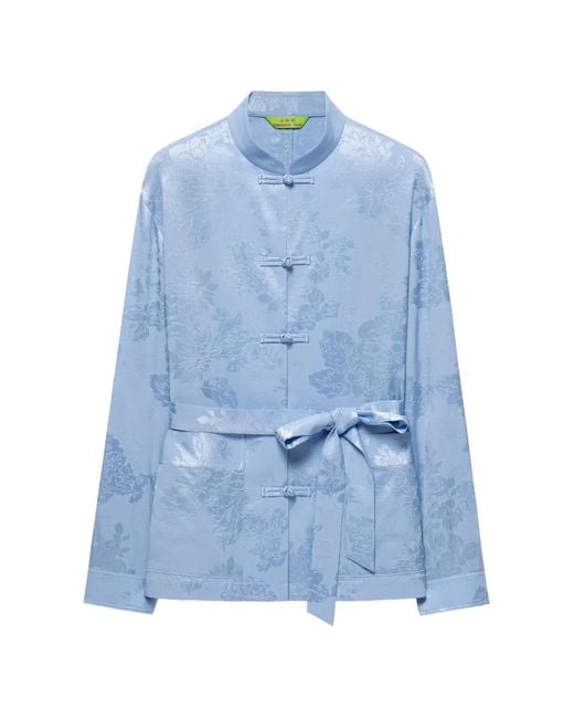 Shanghai Tang Blue Floral-Jacquard Belted Shirt