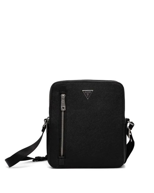 Guess Black Logo-Plaque Saffiano-Effect Crossbody Bag for men