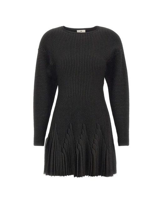 Elisabetta Franchi Black Ribbed Pleated Mini Dress