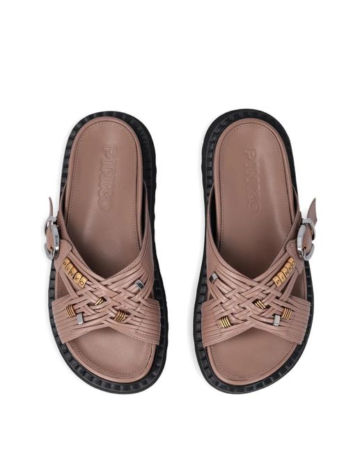 Pinko Brown Buckled Leather Sandals