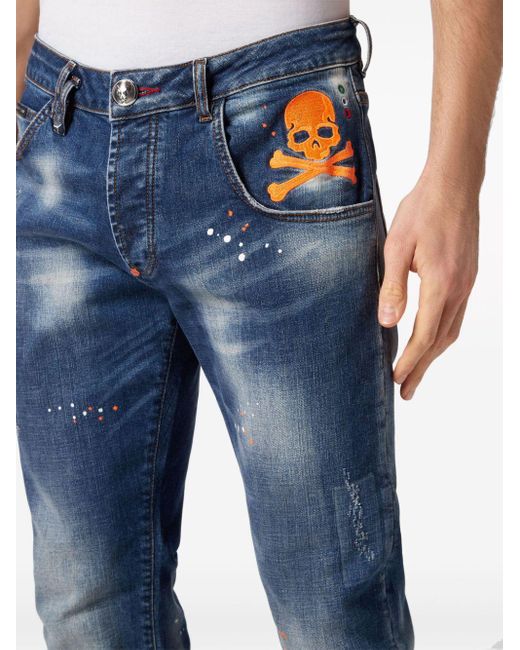Philipp Plein Blue Skull Paint-splatter Straight-leg Jeans for men