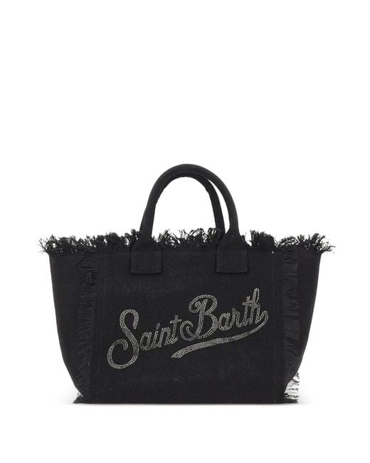 Mc2 Saint Barth Black Vanity Rhinestone-Logo Fringed Tote Bag