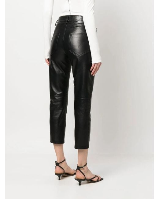 Dondup Black Leather High-Waisted Cropped Trousers