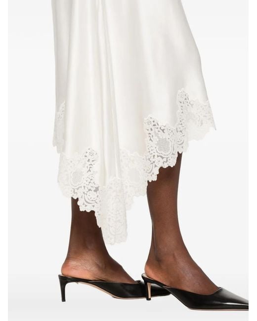 Sandro White Lace-Trim Asymmetric Midi Dress