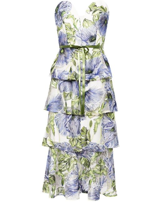 Marchesa Blue Floral-embroidered Tiered Midi Dress