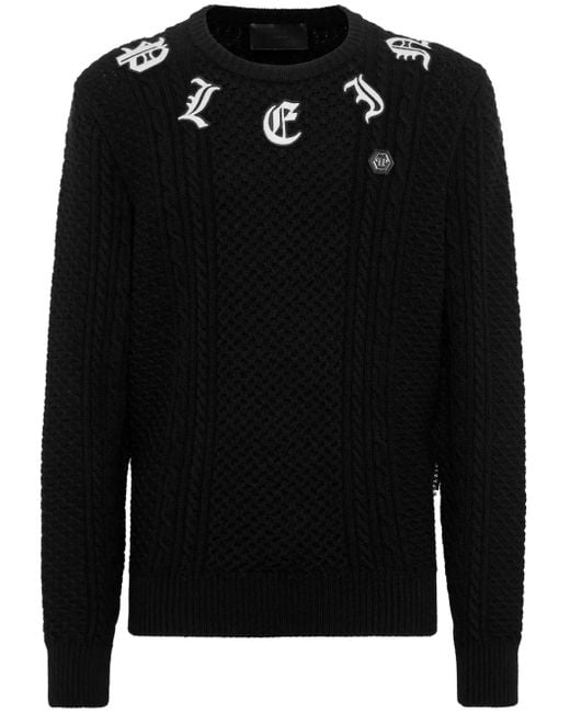 Philipp Plein Black Logo-Embroidered Cashmere Jumper for men