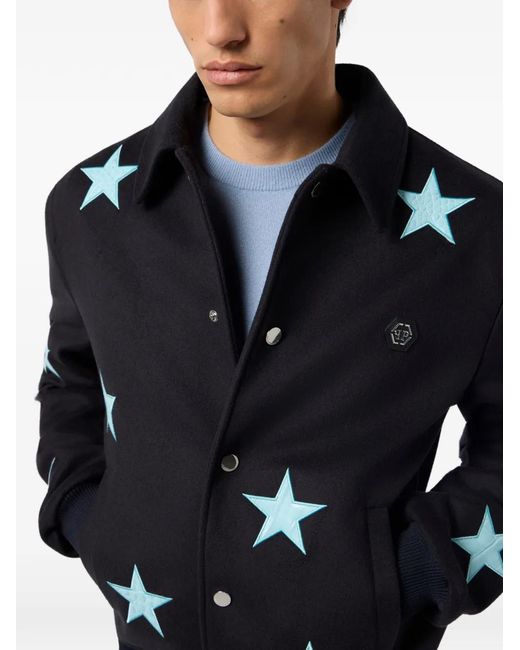 Philipp Plein Blue Wool Coster Jacket Cocco Stars for men