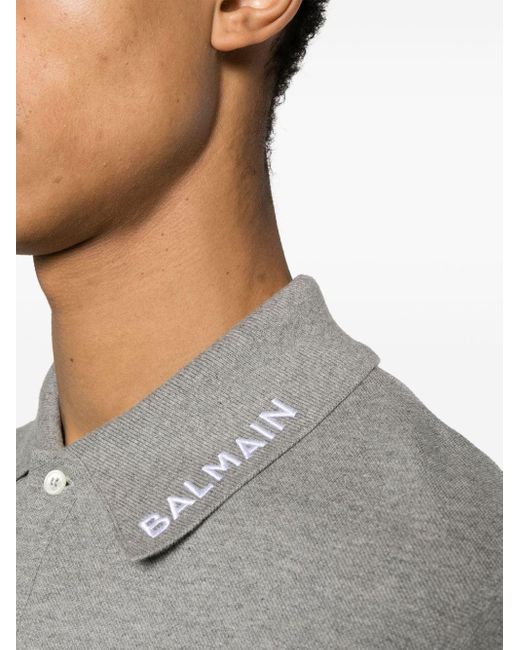 Balmain Gray Logo-embroidered Cotton Polo Shirt for men