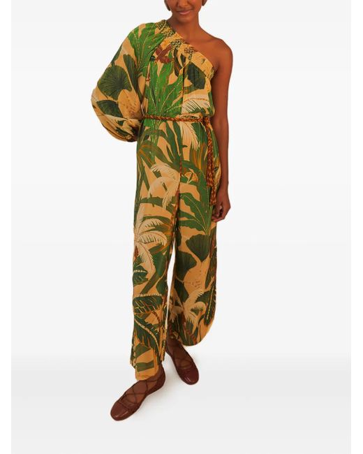 Farm Rio Metallic One-Shoulder Tropical-Print Jumpsuit