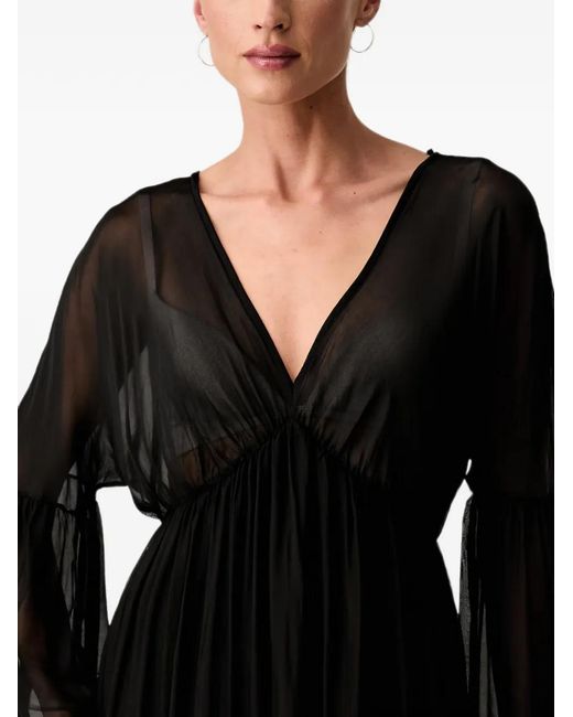 Haveone Black Sheer-Panel Bell-Sleeve Maxi Dress