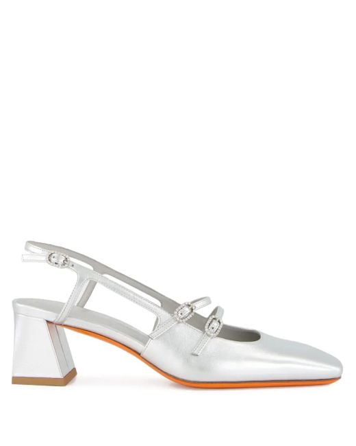 Santoni White Metallic Slingback Pumps
