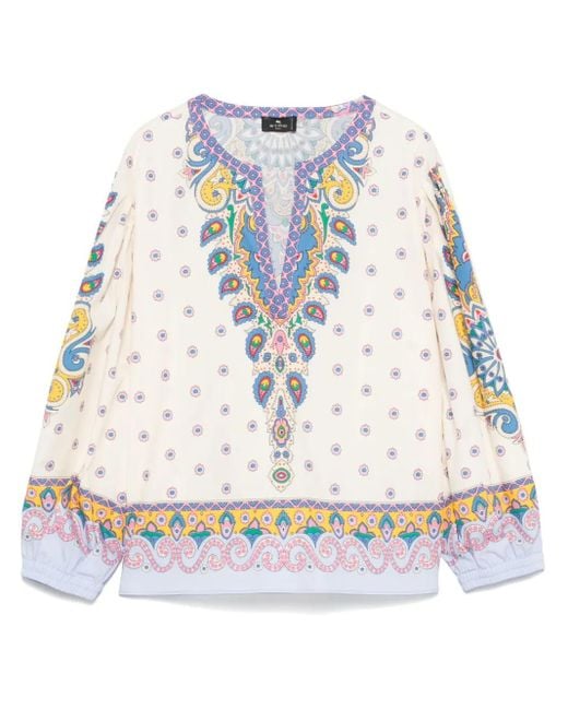 Etro Natural Floral Printed Cotton Blouse With Balloon Sleeves