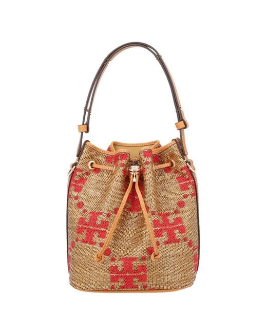 Tory Burch Brown Monogram-Embroidered Bucket Bag