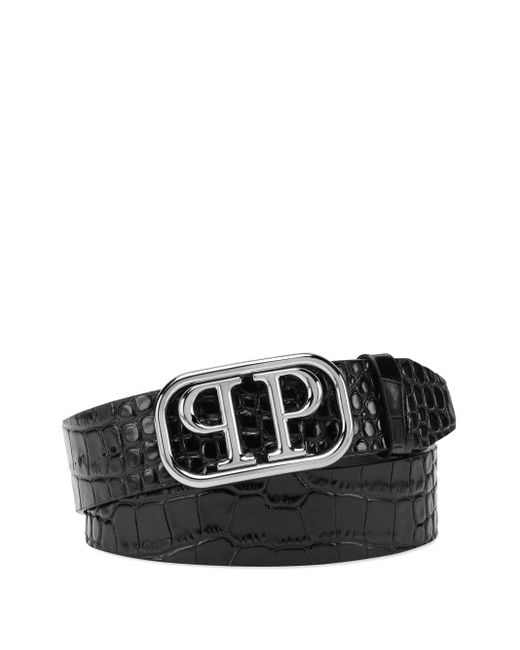 Philipp Plein Black Shiny Skull Leather Belt for men