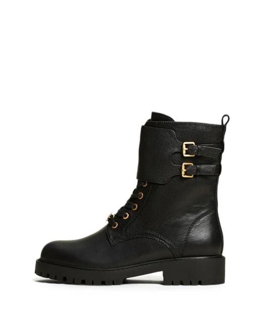 Twinset Black Leather Combat Boots With Straps