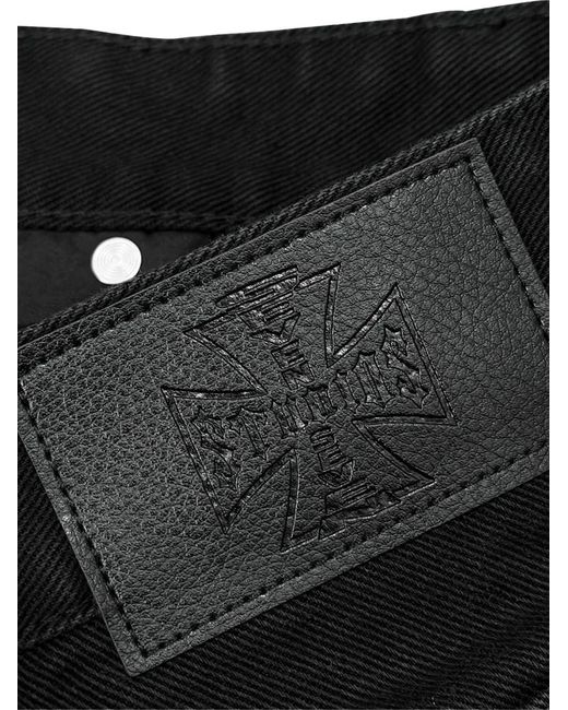 77 Studios Black Double-Knee Leather-Patch Jeans for men