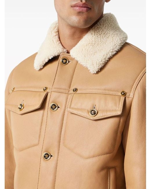 Versace Natural Shearling-collar Panelled Leather Jacket for men
