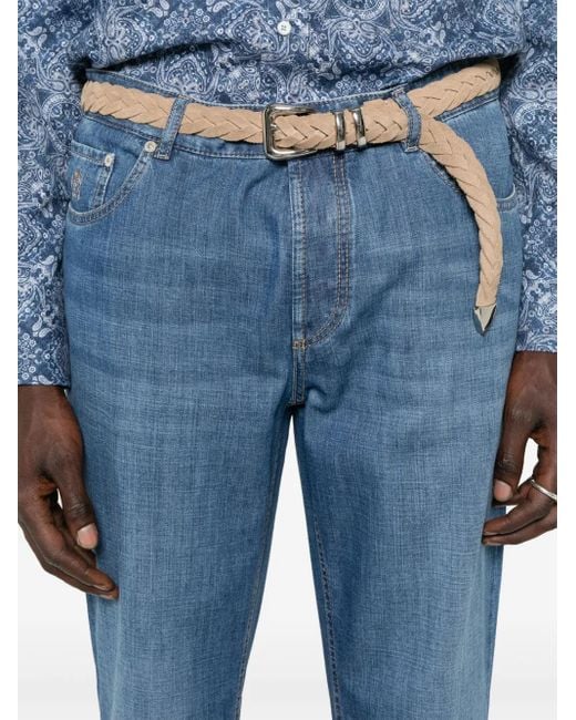 Brunello Cucinelli Blue Logo-Embroidered Jeans for men