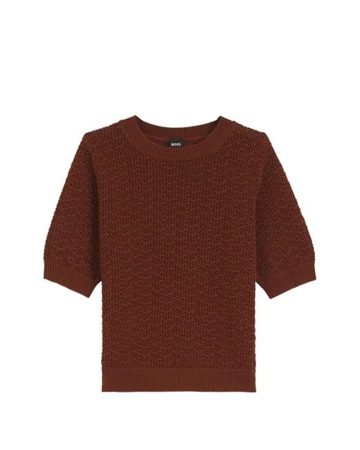 Boss Brown Pointelle-Knit Short-Sleeve Sweater