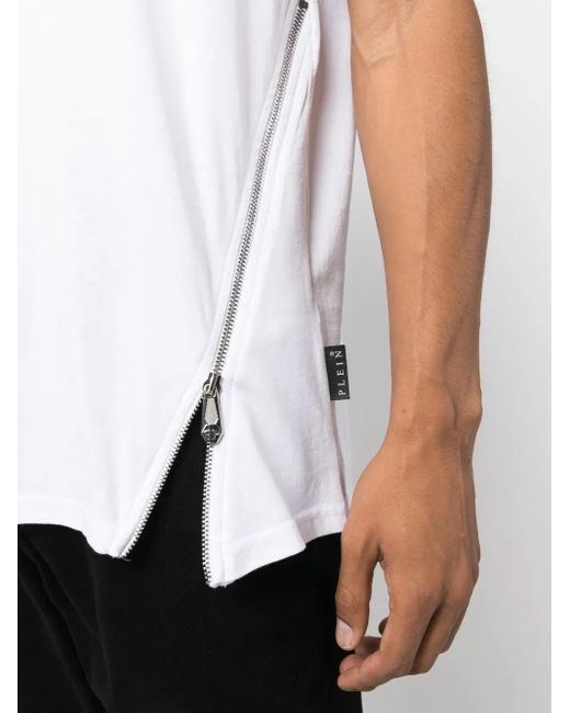 Philipp Plein White Logo-Patch Zip-Detailing T-Shirt for men