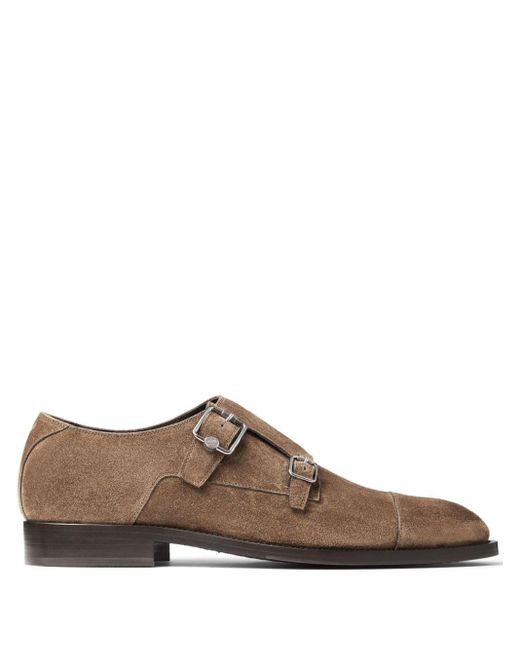 Jimmy Choo Brown Finnion Suede Monk Shoes for men