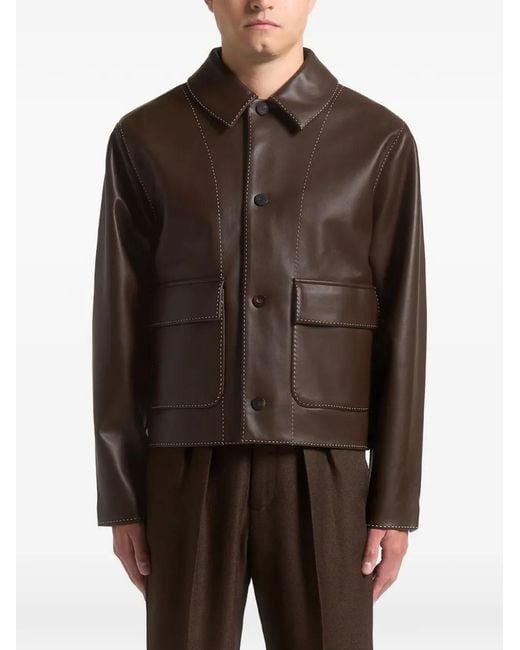 Manière De Voir Brown Leather Contrast Stitch Jacket for men