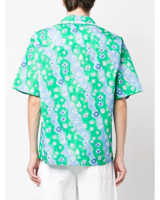 Marni Blue Floral-Print Short-Sleeved Shirt for men