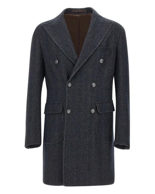 Barba Napoli Black Herringbone Peak-Lapel Coat for men