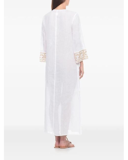 120% Lino White Embroidered-Panel Slit-Detail Maxi Dress