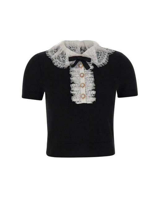 Self-Portrait Black Lace-Collar Wool Top