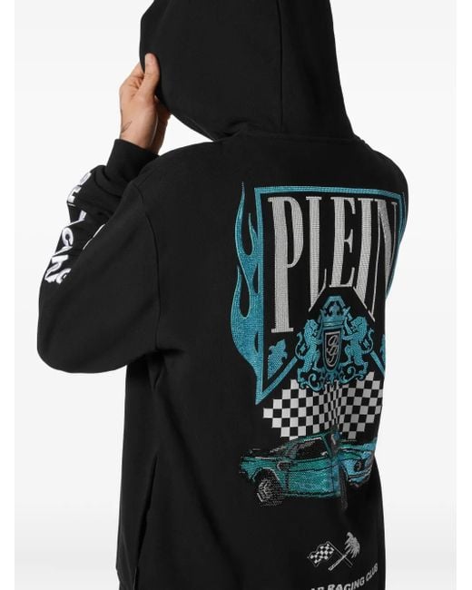 Philipp Plein Black Hoodie Sweatshirt Ls Strass Flame Racing for men