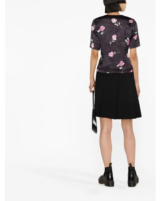 Ganni Black Floral-Print Crinkled Satin Blouse