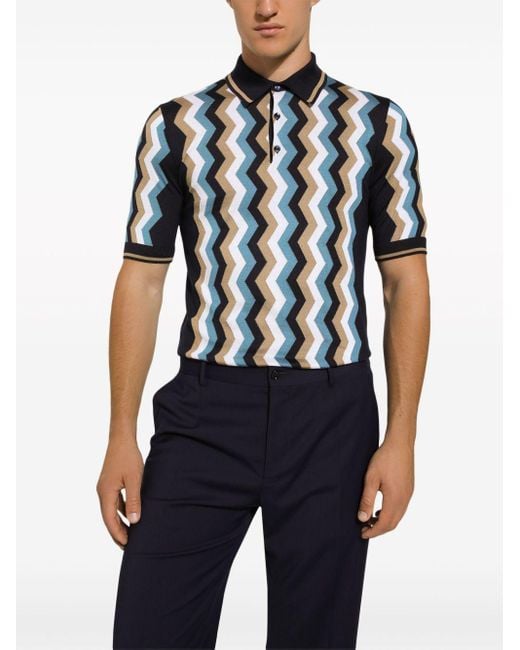 Dolce & Gabbana Black Zig-zag Silk Polo Shirt for men