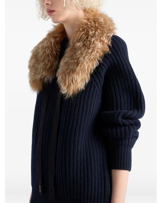 Prada Blue Gerippter Pullover mit Pelzkragen