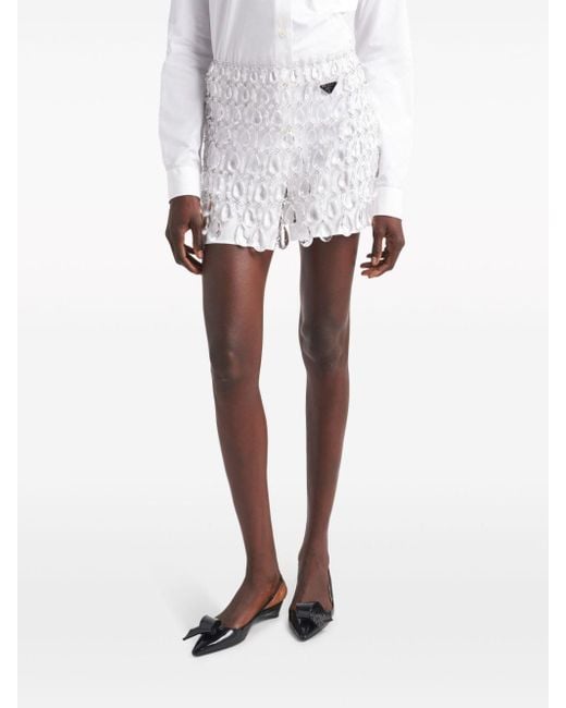 Prada White Crystal-embellished Fringed Miniskirt
