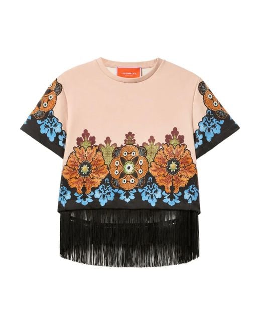 LaDoubleJ T-Shirt Met Bloemenprint En Franje in het Pink