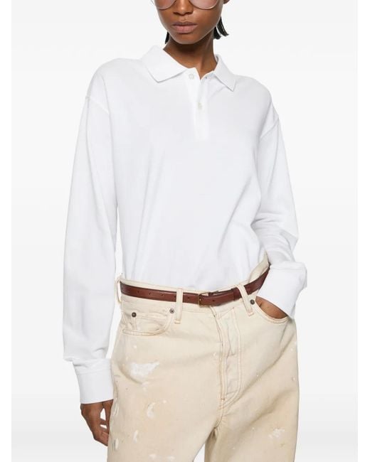 Acne White Logo-Print Long-Sleeve Polo Shirt