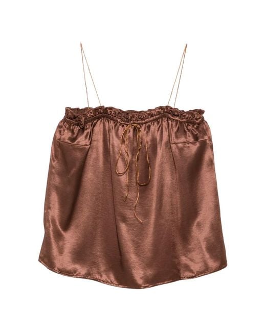 THE NINA STUDIO Brown Ruffled-Trim Spaghetti-Strap Top