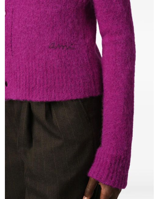 AMI Purple Cardigan En Laine Et Alpaga Avec Broderie Ami