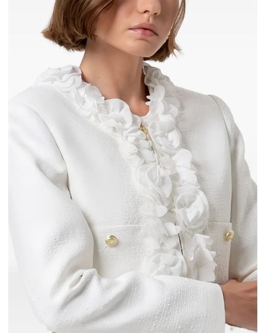 Fracomina White Floral-Applique Cropped Tweed Jacket