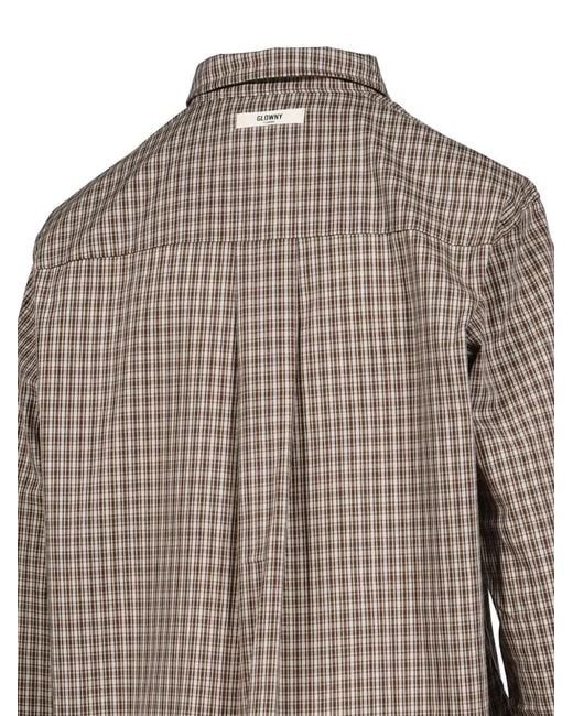 GLOWNY Brown Check Embroidered Button-Up Shirt